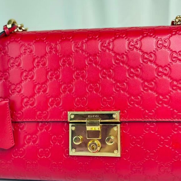 Gucci GG Logo Red Leather Printed Large Padlock Shoulder Bag with Gold Hardware - Picture 2 of 10